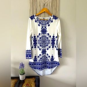 NEVER WORN; Favorlook, S, Blue and White, Long Sleeved Swing Dress